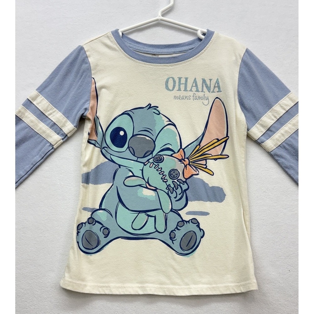 Disney Stitch Ohana Means Family Shirt Kids 6-6X Long Sleeve Graphic Blue Cute